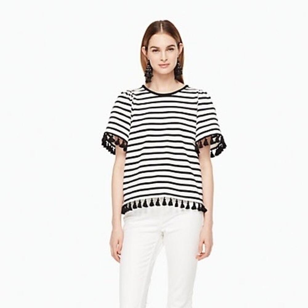 Kate Spade Broome Street Stripe Flutter Sleeve Top - Black & White Tassel Tee